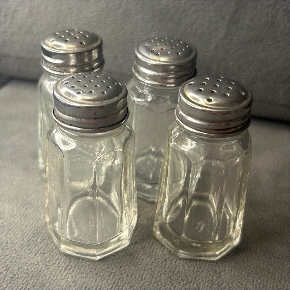 Vintage Buck Glass Salt Pepper Shakers Set of 4 Octagonal B Mark Metal Lids